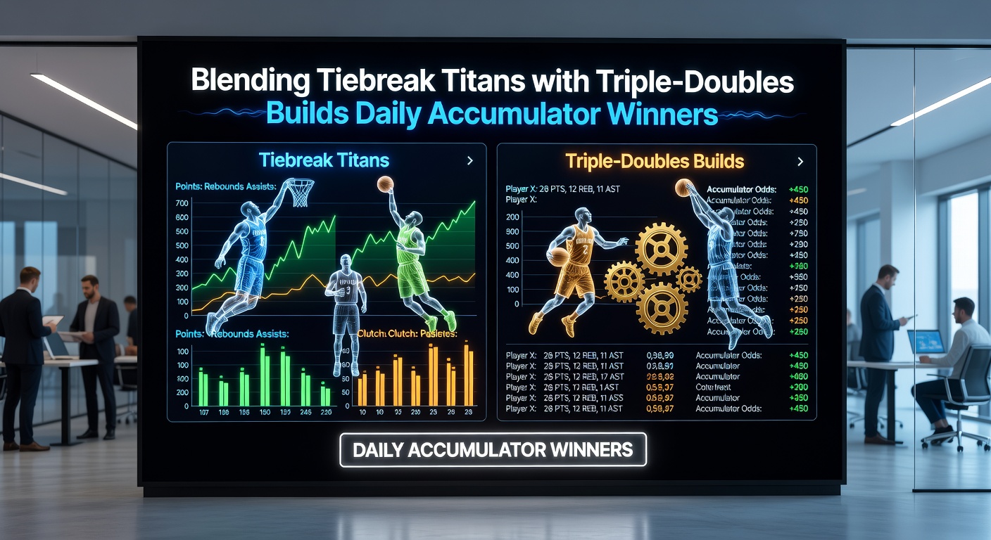 Split-screen visualization of a tennis tiebreak rally merging into an NBA fast-break triple-double play, symbolizing blended betting strategies