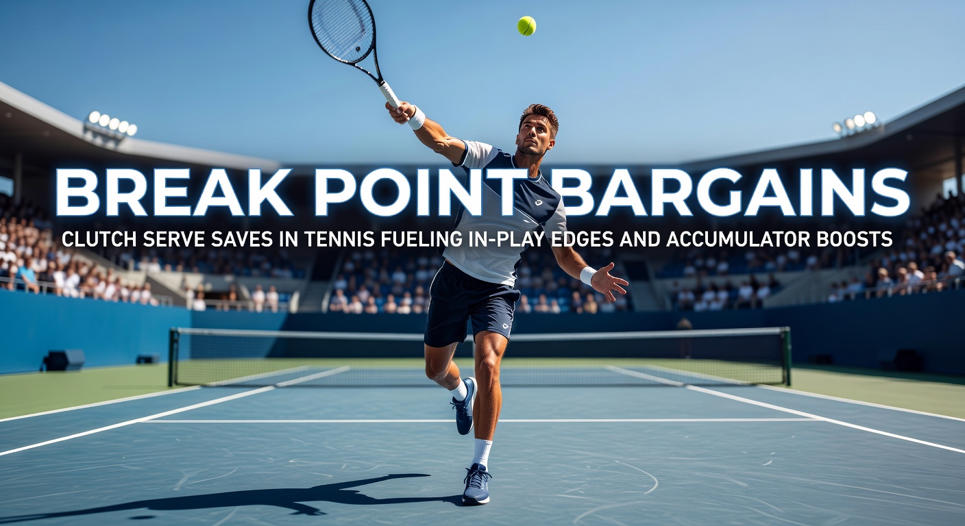 Close-up of a tennis serve exploding off the racket during a tense break point rally, with scoreboard showing pressure