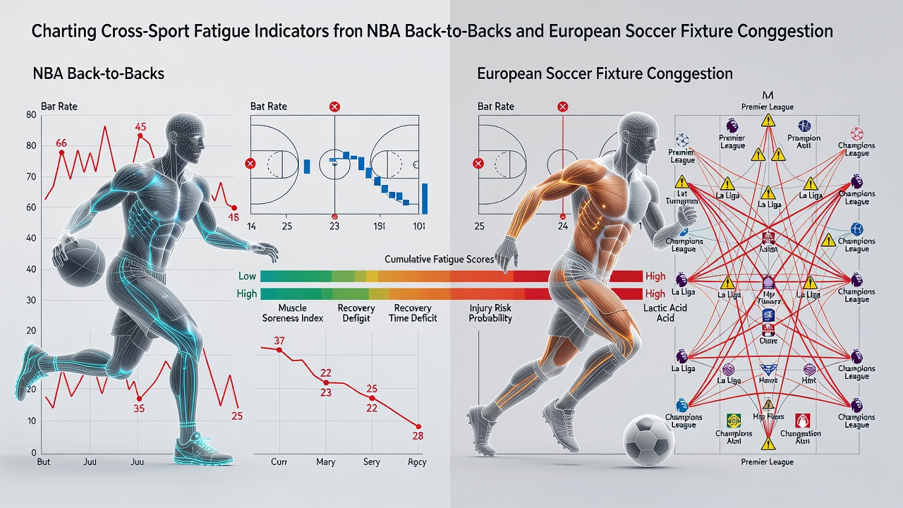 Comparative charts showing correlation between NBA back-to-back recovery times and soccer match congestion effects on team performance