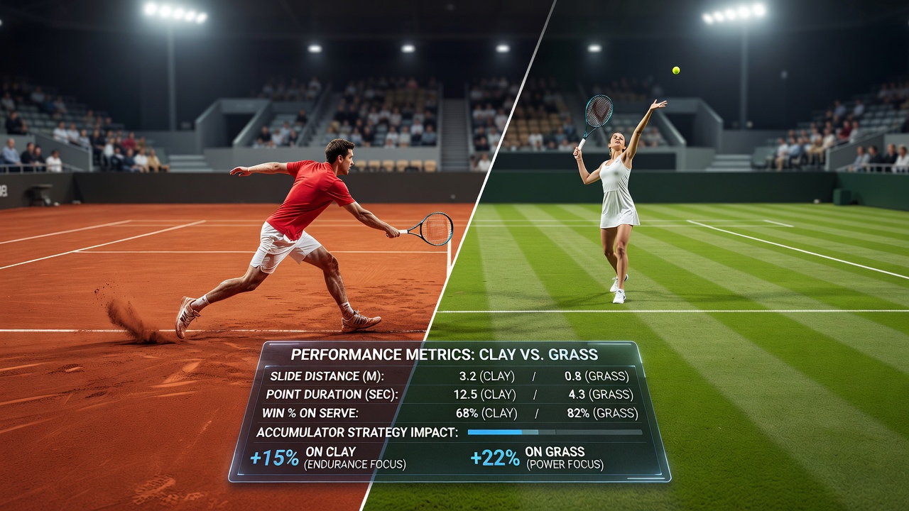 Data charts displaying ATP player performance changes between clay and grass surfaces