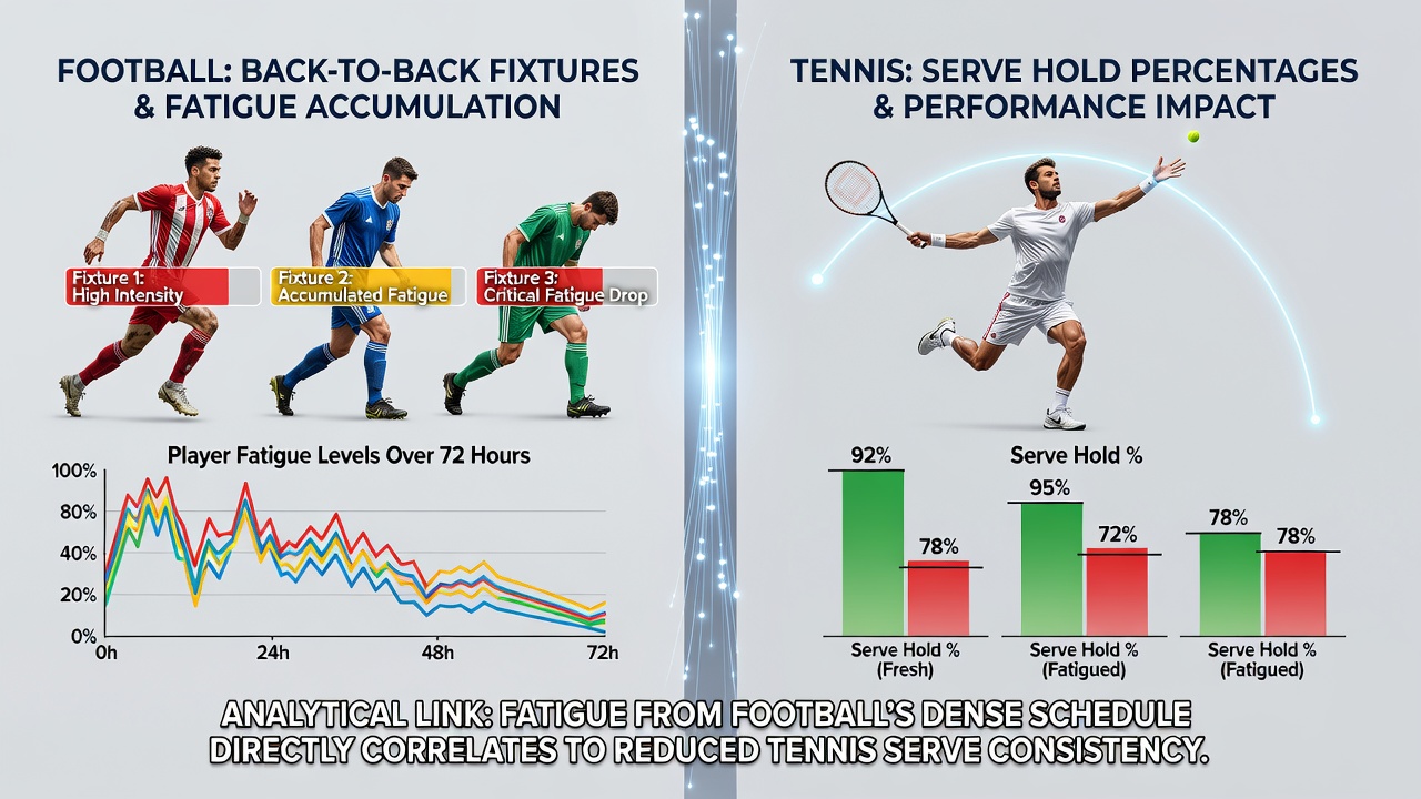 Data visualization showing overlapping football and tennis schedules with fatigue indicators mapped to serve hold percentages