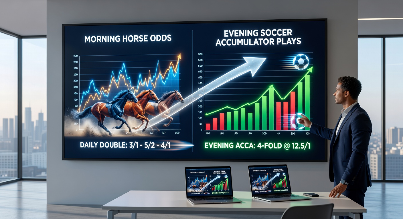 Split infographic comparing morning horse daily double charts with evening soccer match timelines, arrows indicating predictive flows