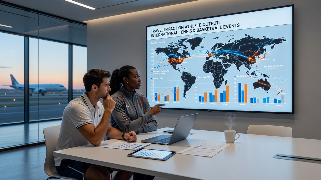 Data charts showing performance metrics before and after long-haul travel in tennis and basketball