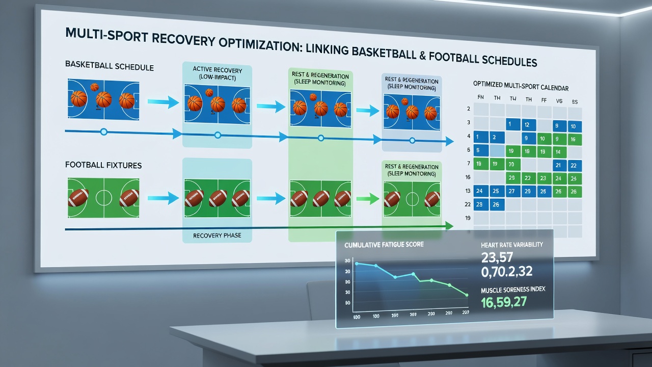 Timeline chart illustrating recovery cycle overlaps between basketball and football events with performance impact indicators