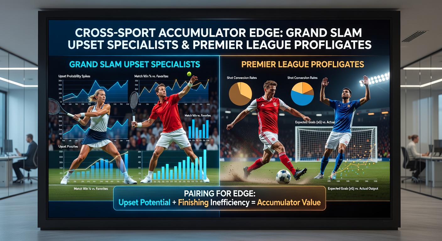 Infographic showing tennis upset stats overlaid on Premier League xG waste charts, illustrating accumulator potential
