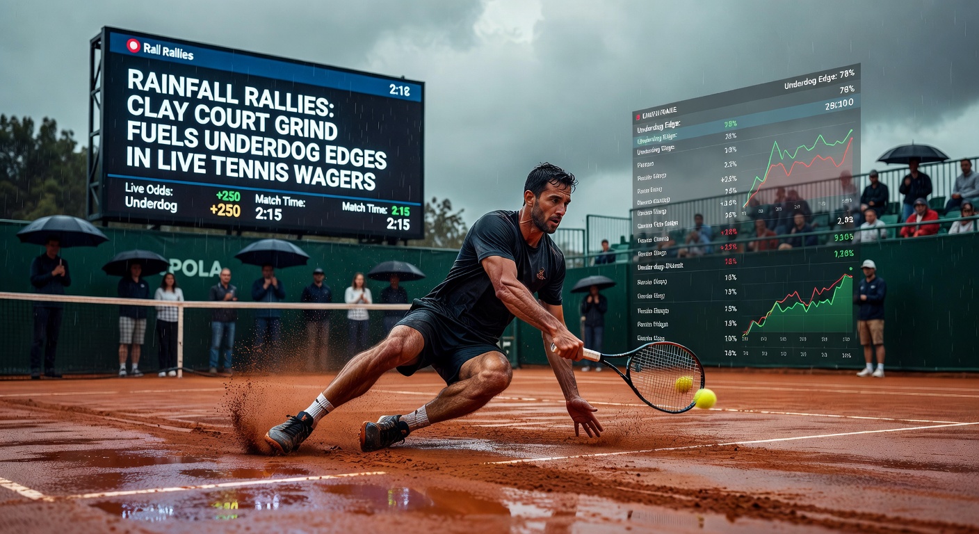 Close-up of tennis player executing a defensive slide on rain-slicked red clay court during prolonged rally