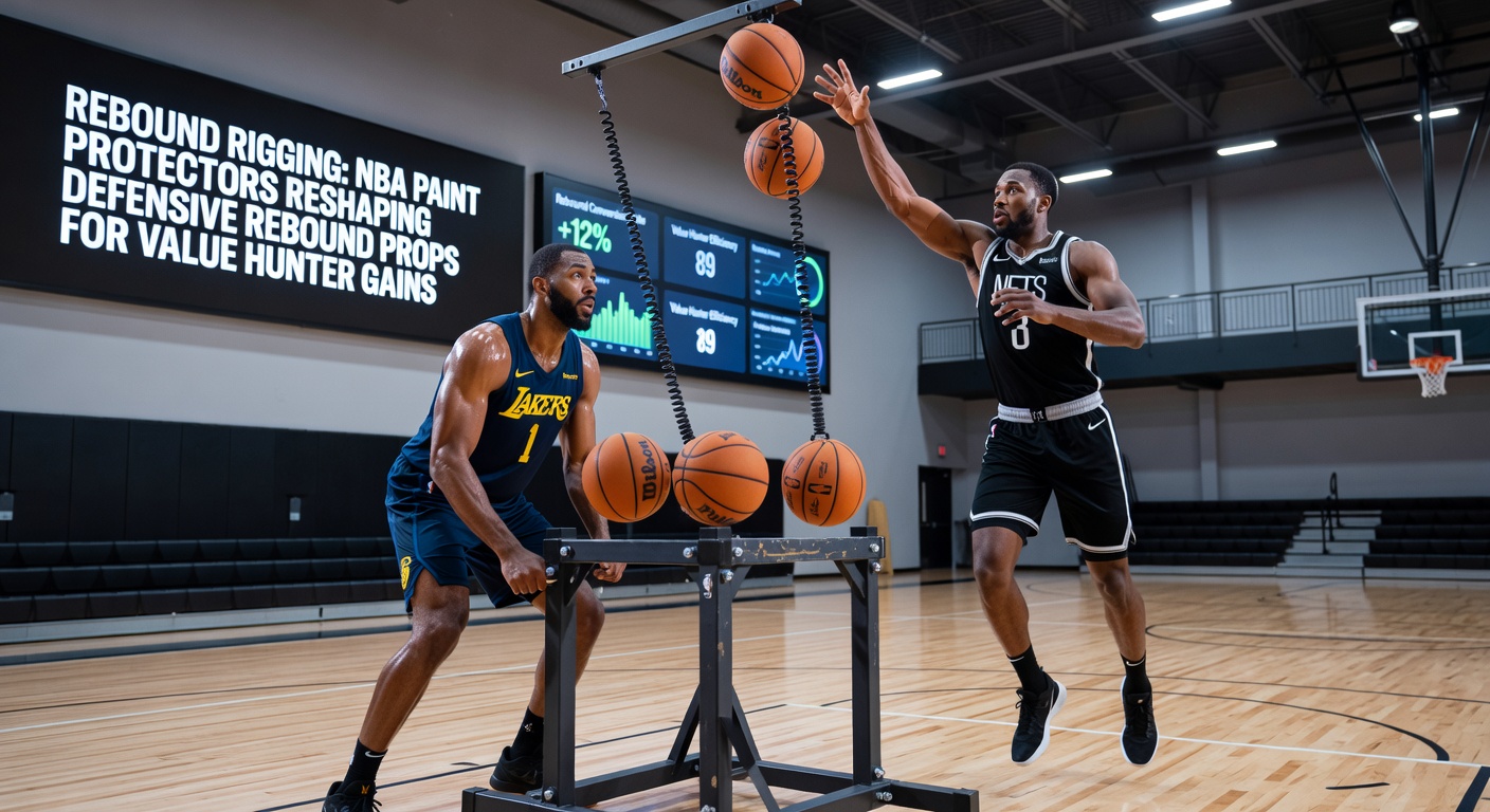 Close-up of an NBA center securing a defensive rebound amid a crowd, with teammates positioning for fast break, emphasizing rebound transition impact