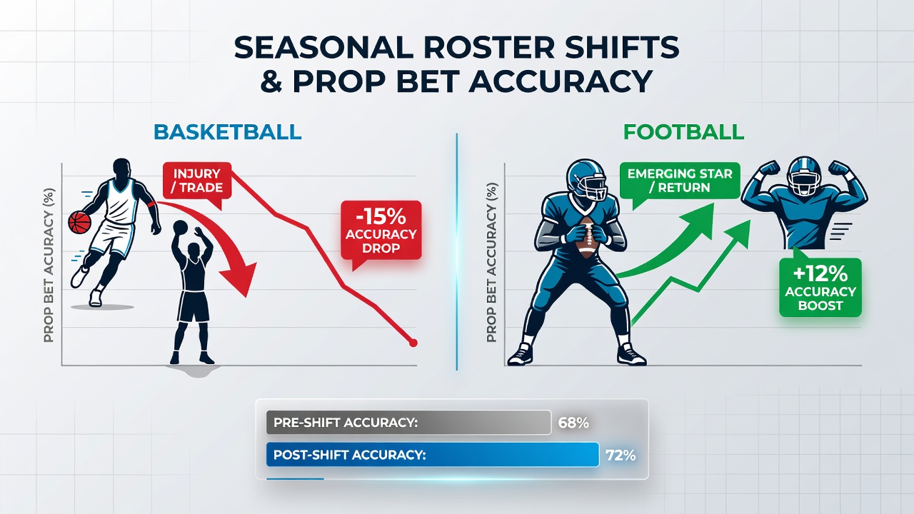 Data charts displaying prop bet accuracy fluctuations following roster changes in professional basketball and football