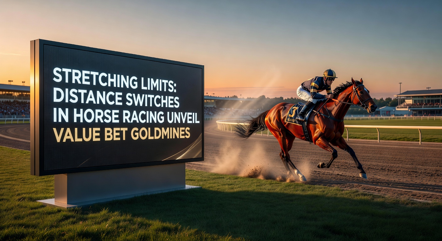 Racehorses navigating a tight turn during a distance-testing race, spray flying from hooves on a rainy track, capturing the drama of adaptation under pressure