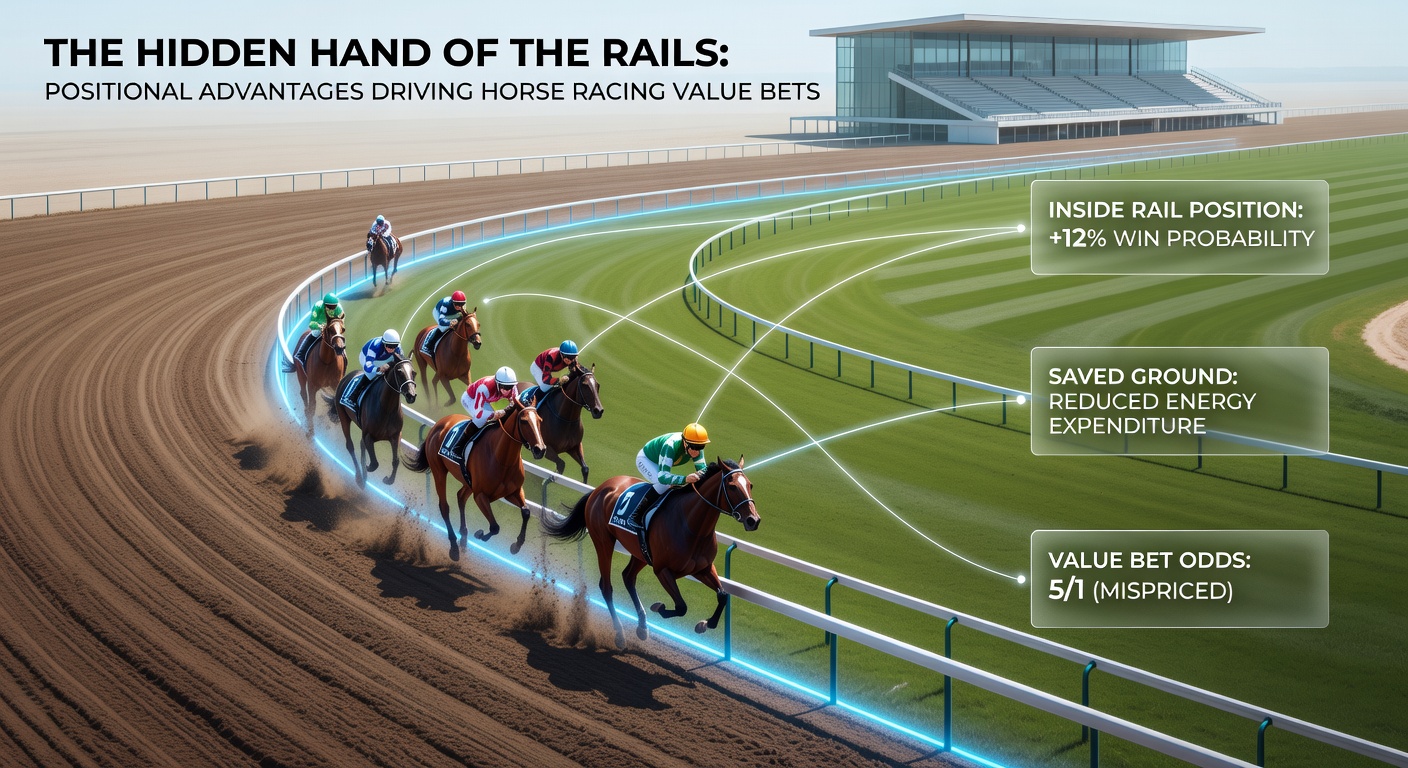 Bird's-eye view of a horse race bunching towards the rails, with low-stall horse leading on the inside