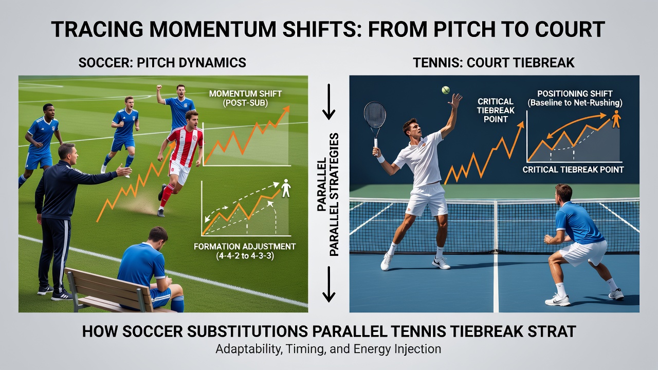 Split screen showing a soccer substitution board raised and a tennis tiebreak scoreboard with momentum indicators