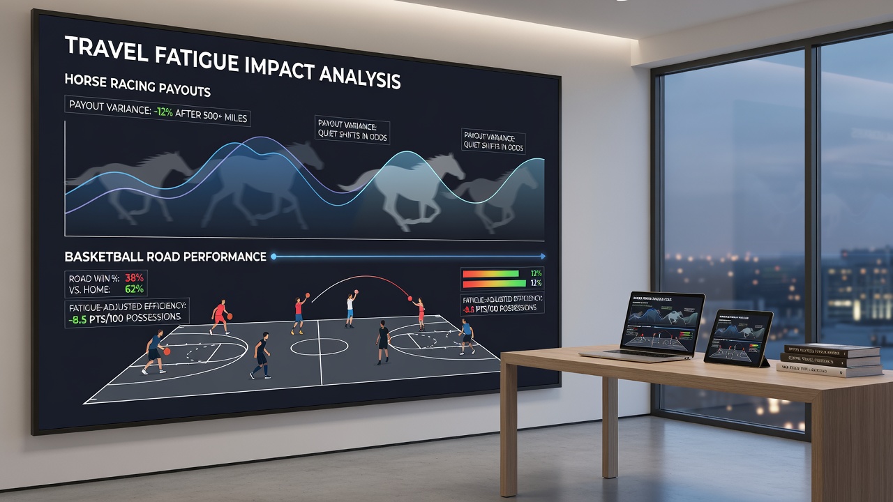 Data visualization showing travel fatigue impacts on basketball road performance metrics