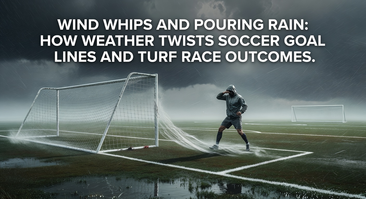 Horse racing on a rain-soaked turf track, with jockeys navigating mud and wind, illustrating weather's effect on race dynamics